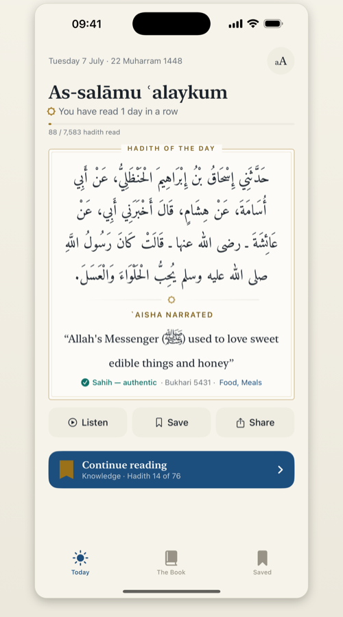 The Today screen: the daily hadith, reading streak, and progress through the book.